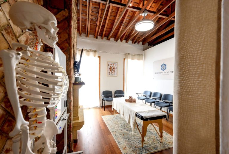 Esqueleto anatómico para las clases de anatomía en el aula de quiromasaje
